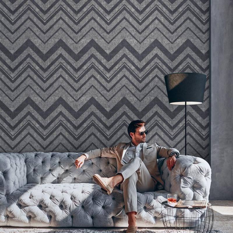 Chevron wall covering in a furnished Staab Decor interior