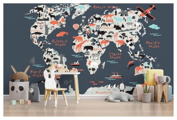 Mock up wall in the children's room in cream color wall backgrou World Map Mural - Kids